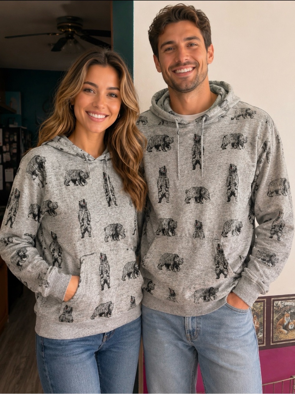Grey Bear-Print Hooded Sweatshirt for Men or woman size LG